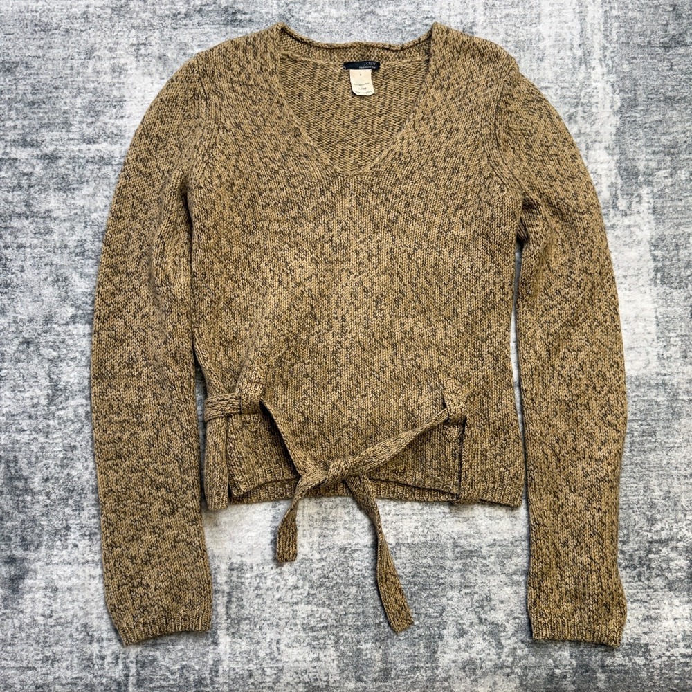 Y2K J Crew Sweater Women Small Brown Marled Chunky Merino Wool V-Neck Tie Belted